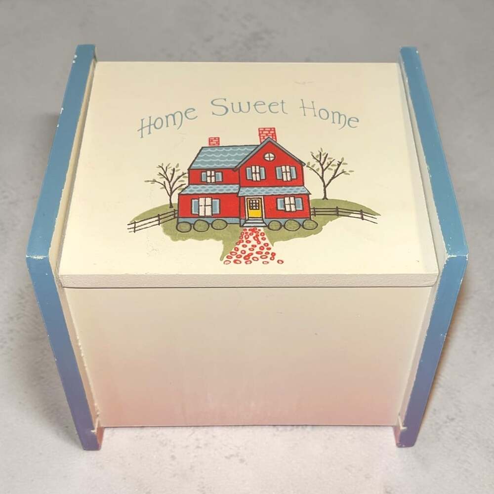 Home Sweet Home Vintage Wooden Recipe Box Cream with Blue Trim